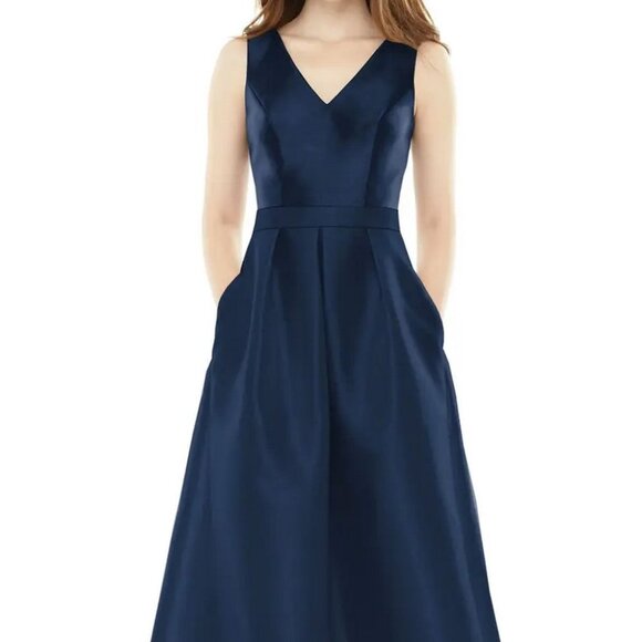 Alfred Sung D723S Midnight Blue Satin V-Neck High/Low Gown - Picture 1 of 4